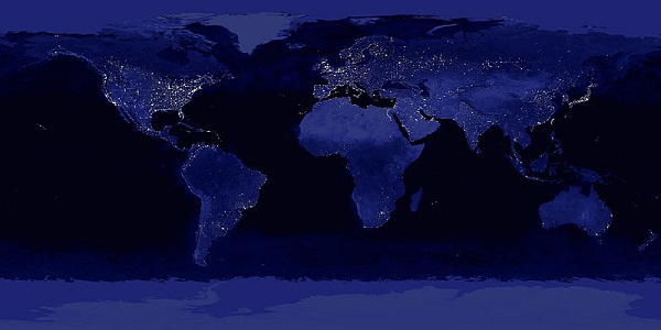  Exemple de la Terre la nuit (terre hypothtique); il est possible de voir toutes les lumires produites sur toute la plante. 